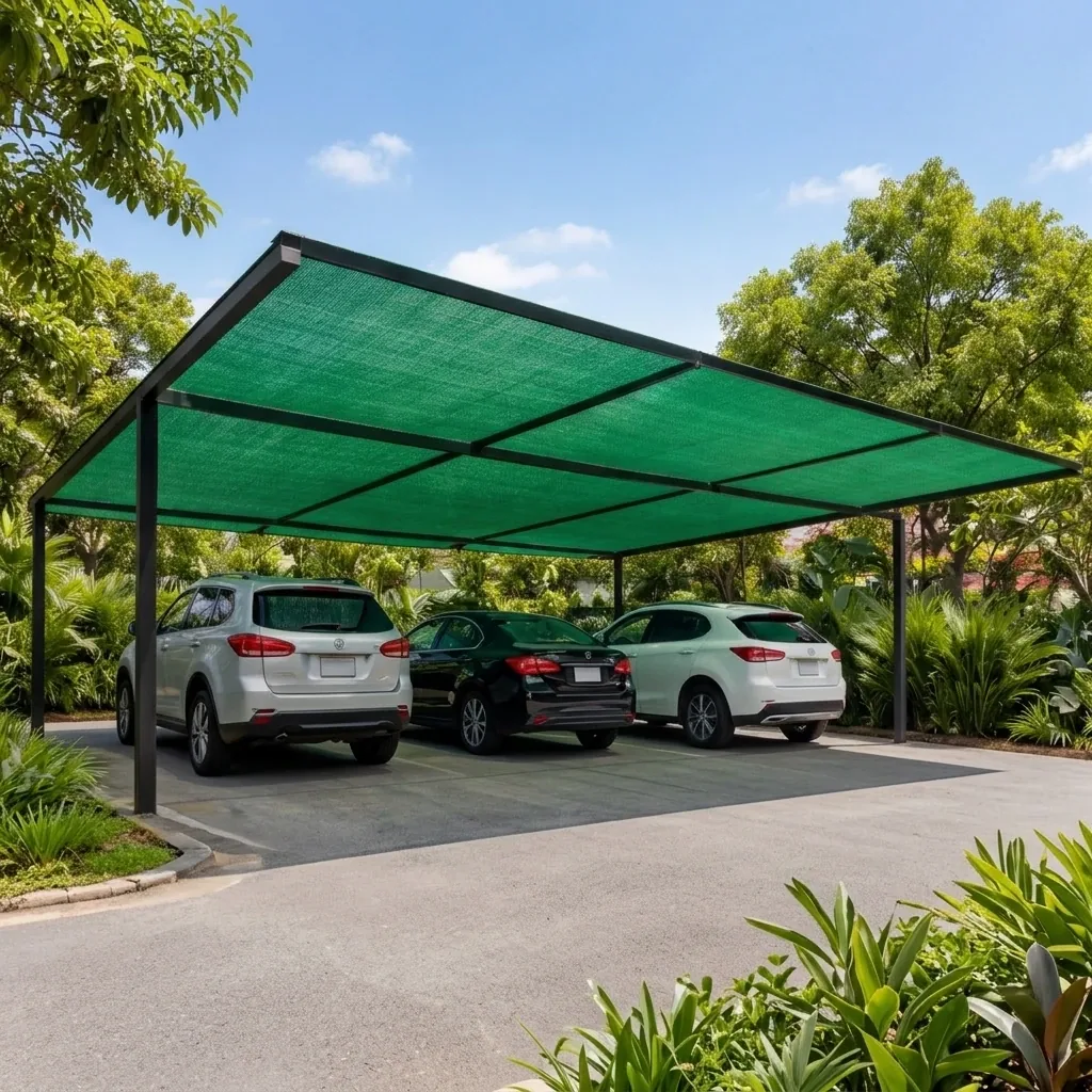 Shadenet carpark canopy, vehicles shaded
