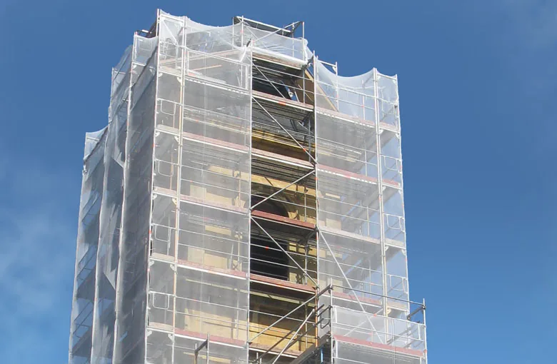 Shadenet debris screen on scaffolding
